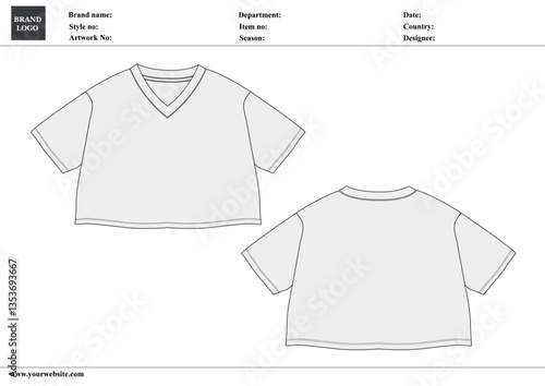 V-neck ladies t shirt tops  technical drawing fashion flat sketch vector illustration template  for ladies and baby girls