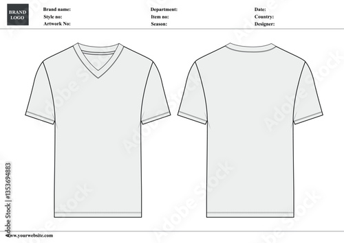 V-Neck T shirt technical drawing fashion flat sketch vector illustration template with tech pack details