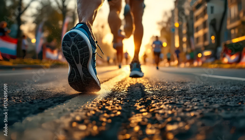 A dynamic close-up shot of a runner’s foot striking the pavement during a sunrise marathon. The image is captured from a low angle, emphasizing the texture of the road and the energy of movement.