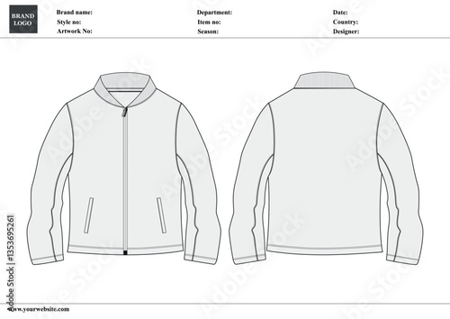 fleece jersey sweatshirt Jacket Technical Fashion flat sketch Vector illustration template Front and back views. Apparel Clothing design Mock up
