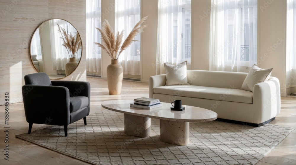 Fototapeta premium Generative AI, Elegant Neutral Living Room with Travertine Table