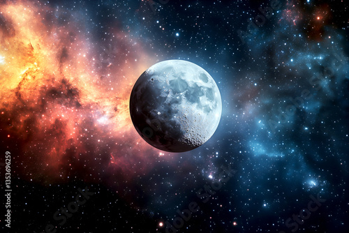 Majestic full moon with detailed surface in front of a beautiful backdrop of starry galaxies, nebulas, cosmos, and universe. A sense of wonder and the vastness of space in a stunning capture