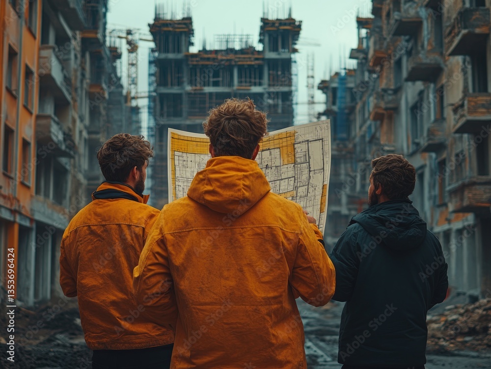 Fototapeta premium Architects Review Building Plans at Construction Site