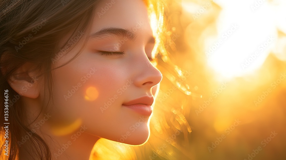 Fototapeta premium Radiant Young Woman with Sun-Kissed Skin Bathed in Golden Light
