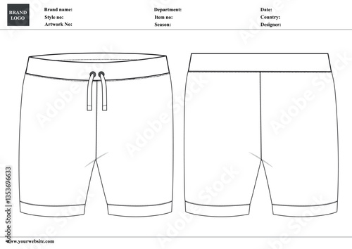 Sweat Shorts pant Technical drawing fashion flat sketch vector Illustration template front and back views.
