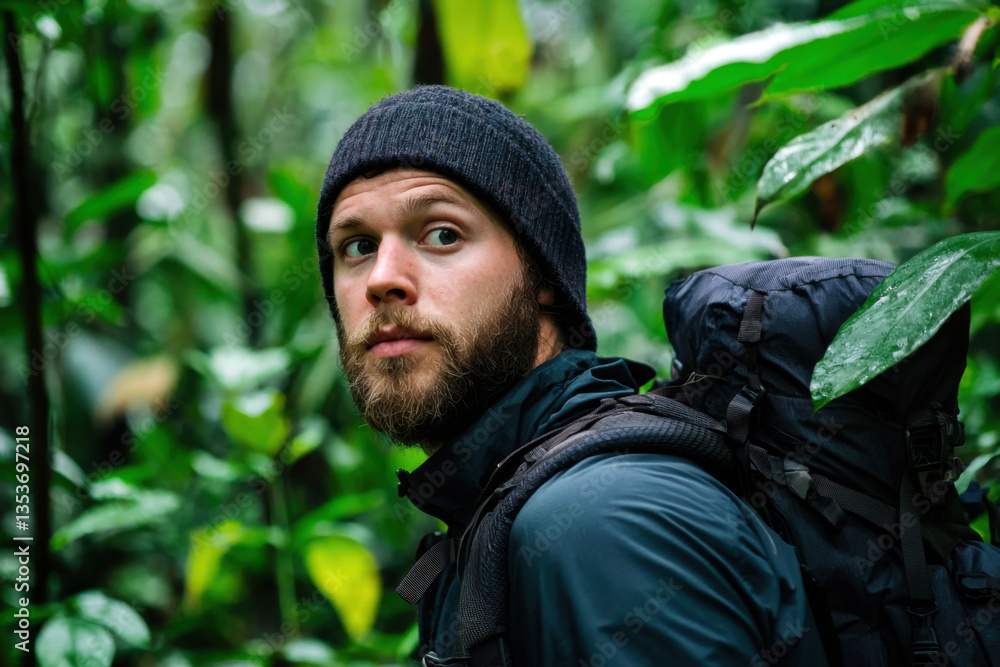 Obraz premium Solo Traveler Hiking Through a Lush Green Forest