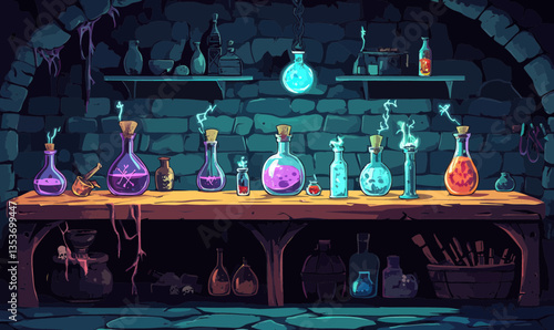 Mystical Alchemist Lab Cartoon Vector with Potions and Skulls in Enchanted Stone Interior
