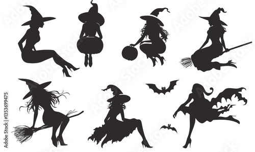 Retro Pin-Up Witch Silhouettes Collection in Minimalist Vector Style