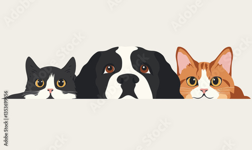 Adorable Peeking Saint Bernard Puppy with Two Cats Minimalist Vector Illustration
