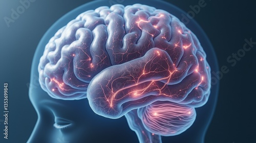 Human brain showing highlighted arteries and veins network
