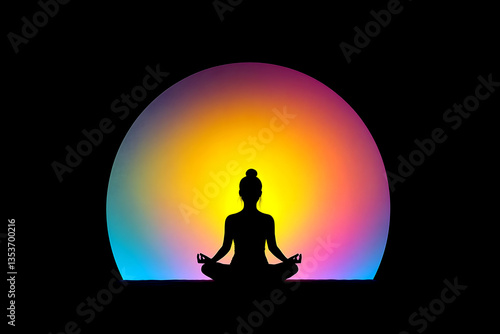 Silhouette of a meditating figure in lotus position against a vibrant, multicolored glowing sphere, suggesting peace, tranquility, and spiritual well-being