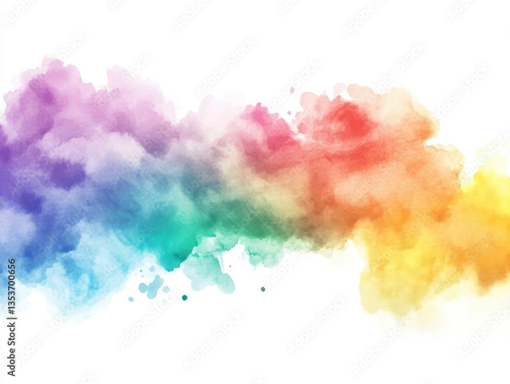 Fototapeta premium Colorful abstract watercolor splash with vibrant hues of purple, pink, orange, yellow, green, and blue blending seamlessly across a white background