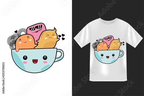 Cute Breakfast Characters in Cup T-Shirt Design
