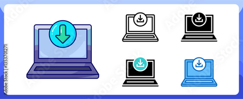 Laptop PC Computer Download Multi Style Icon Media and Attachment Vector