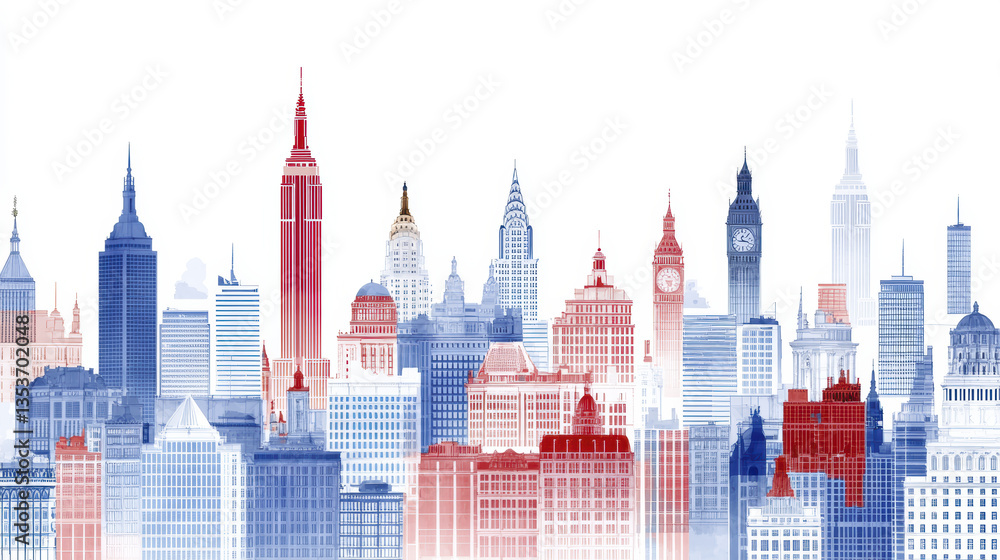 Fototapeta premium vibrant city skyline illustration featuring iconic buildings in red, white, and blue colors, symbolizing patriotism and urban life
