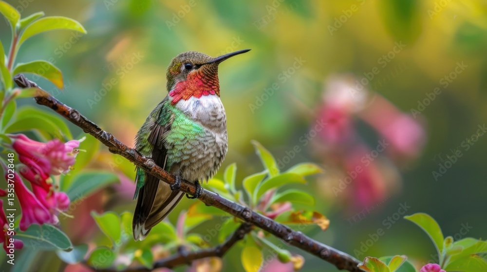Naklejka premium A broad-tailed hummingbird perched on a flower branch.