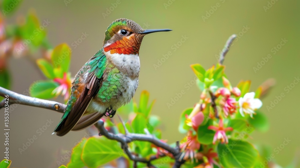 Fototapeta premium A broad-tailed hummingbird perched on a flower branch.