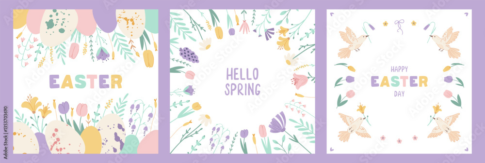 Collection Easter square posters with cute birds, eggs and spring flowers. Set holiday covers, posters, banners, greeting cards with lettering. Vector illustration Collection Easter square posters with cute birds, eggs and spring flowers. Set holiday covers, posters, banners, greeting cards with lettering. Vector illustration