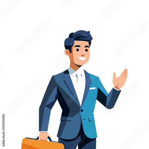 A confident businessman in a teal suit with a yellow tie holds a black briefcase while gesturing with his other hand. He has a friendly smile.