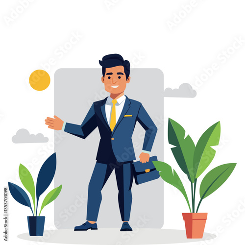 A confident businessman in a teal suit with a yellow tie holds a black briefcase while gesturing with his other hand. He has a friendly smile.