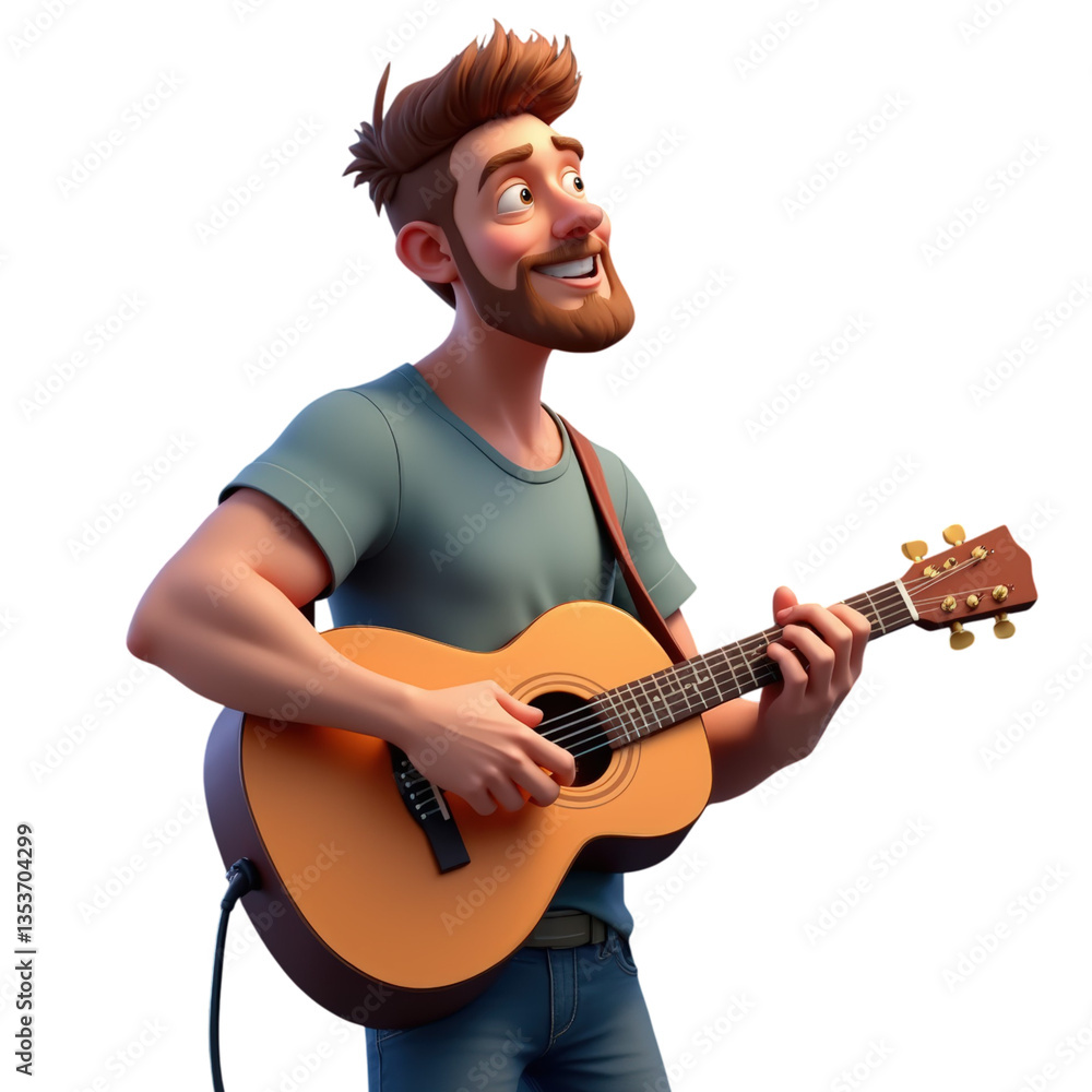 Obraz premium 3D Illustration of a Relaxed 32-Year-Old European Male Musician Playing Acoustic Guitar No Background
