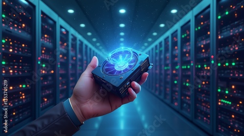 Technician installing powerful new gpu in server room