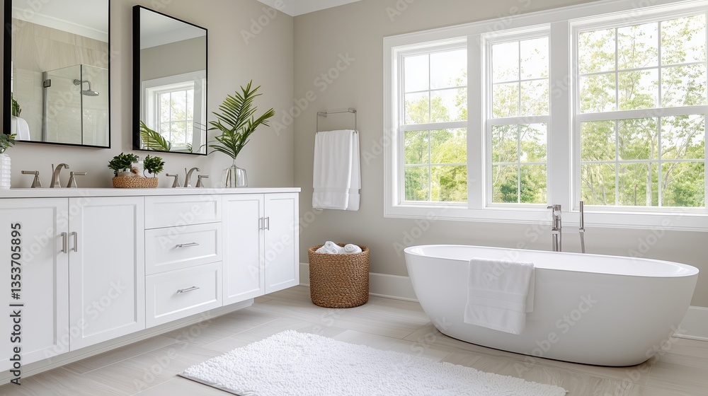 Fototapeta premium Modern Bathroom Interior with Freestanding Tub, White Vanity, Natural Light, and Elegant Decor Elements in a Tranquil Setting