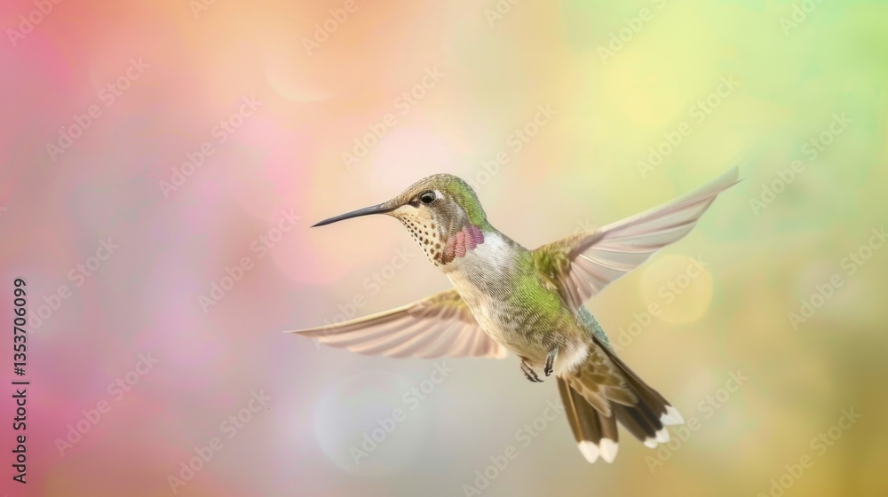 Fototapeta premium A Calliope hummingbird flying against a soft pastel sky
