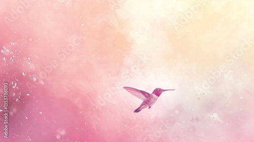 A soft pastel background with a hummingbird flying across it.