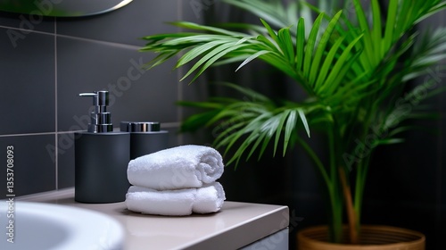 Spa Bathroom Serenity: Modern Minimalist Bathroom Design with Lush Greenery and Clean Towels