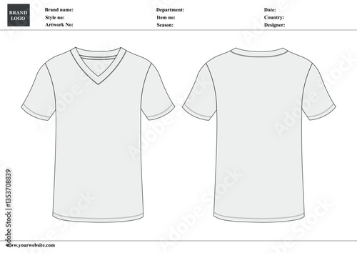 Short sleeve V-neck t shirt technical drawing fashion flat sketch vector template with tech pack details for men's and boys 