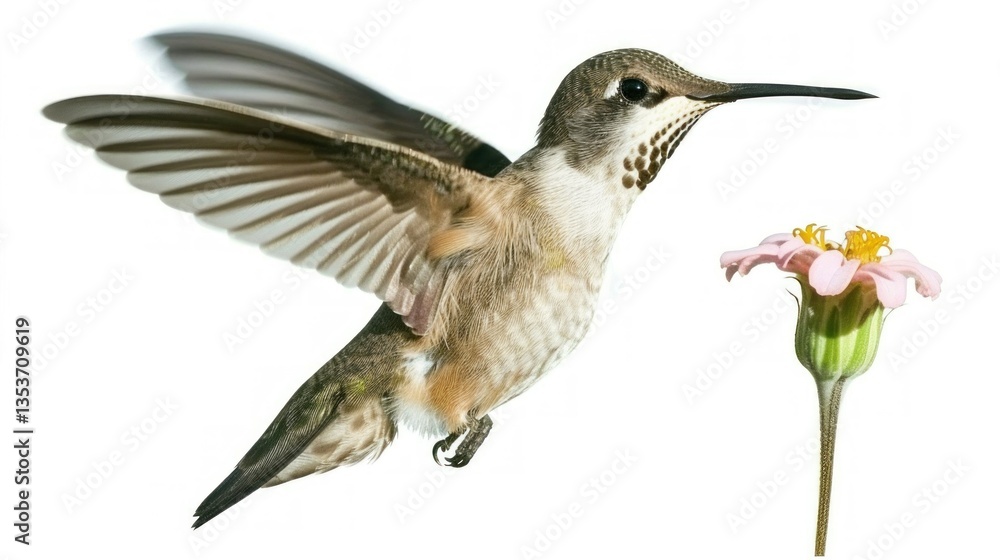 Fototapeta premium A solitary hummingbird hovering near a flower, isolated on a white background.