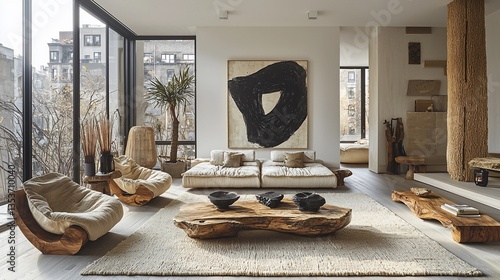 Modern minimalist living room with organic furniture, large windows, and abstract art.