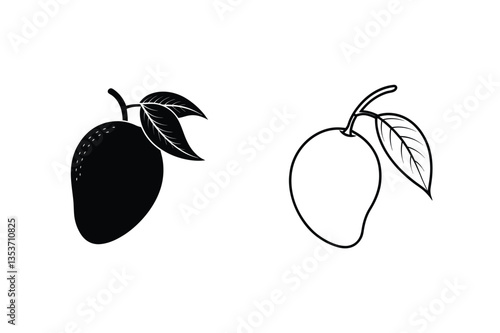 Mango fruit icons, black and white, graphic design elements, illustrations, tropical, summer, food, 
