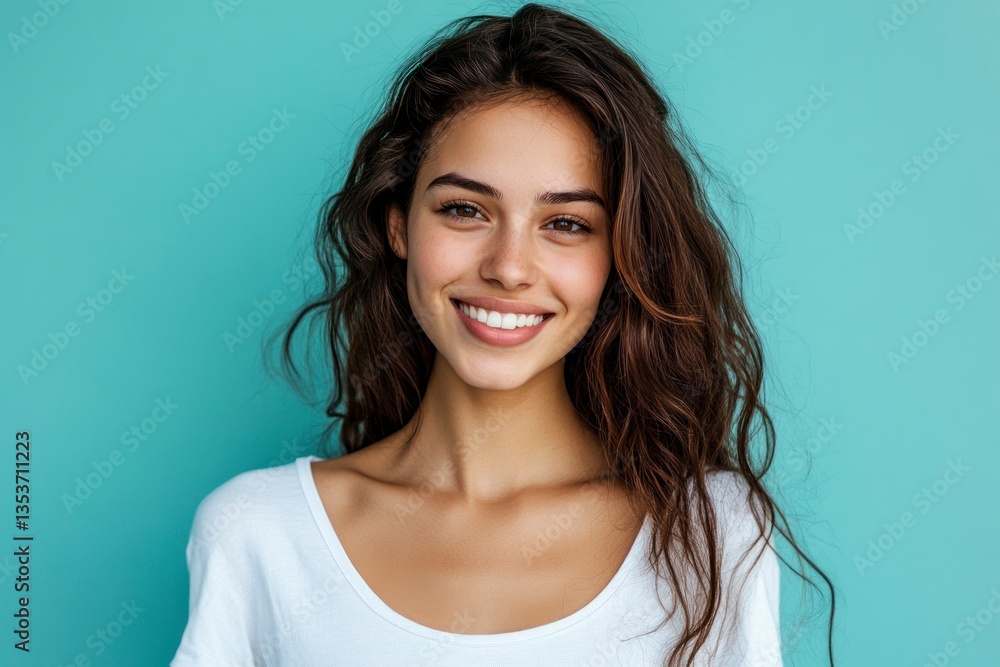 Smiling Woman Portrait with Healthy Teeth and Wavy Brown Hair Against Blue Smiling Woman Portrait with Healthy Teeth and Wavy Brown Hair Against Blue