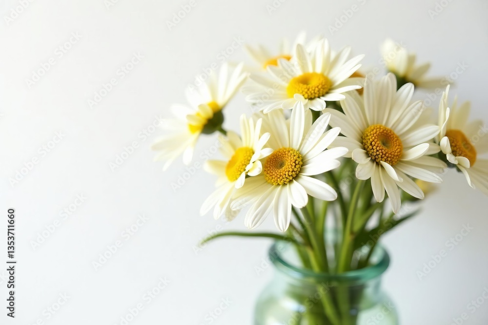 Fototapeta premium Fresh daisies and chamomile flowers in a vase against a white background, simplicity, white background