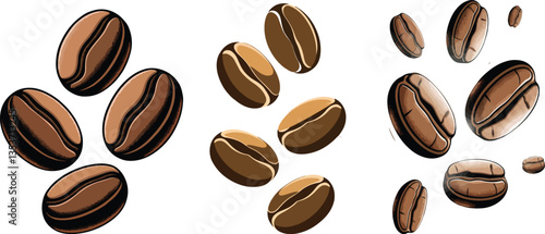 Coffee beans on a white background with a close-up view showing their roasted brown texture and aromatic details