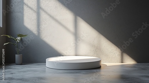 Minimalist white podium in sunlit room. (1)