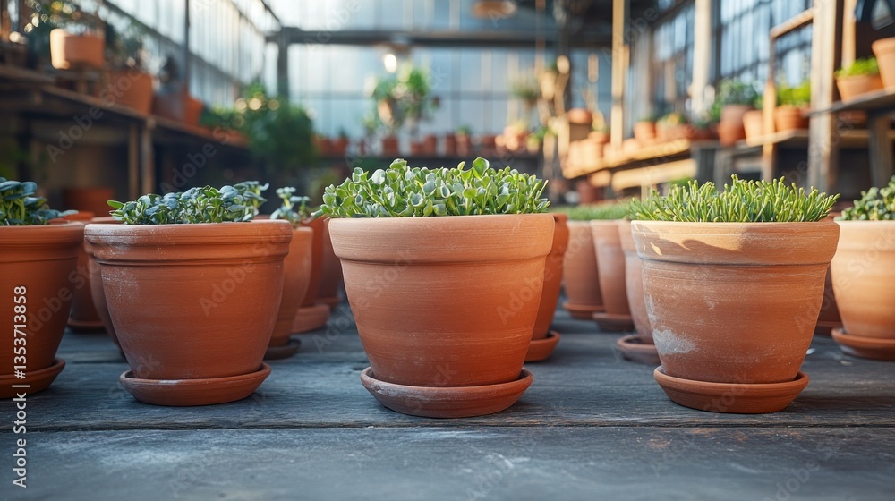 Terracotta plant pots filled with small plants Terracotta plant pots filled with small plants