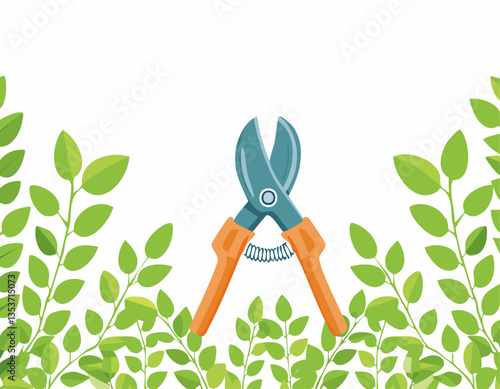 Pruning plant with pruning shears on white background, copy space, home garden theme