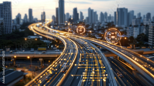 Aerial view of bustling city highway with illuminated traffic and futuristic digital icons, showcasing urban life and technology integration