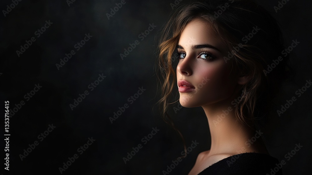 Fototapeta premium Portrait of a Young Woman with Natural Beauty in Dark Studio