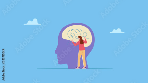 A woman fixes the contents of a tangled mind. Character with mental disorder fight against stress, depression, emotional burnout and other psychological problems. Psychotherapy, mental health concept.
