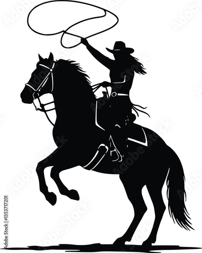 A cowgirl on horseback, skillfully tossing a lasso, with a rearing stallion and a woman cowboy depicted in a striking black vector silhouette.