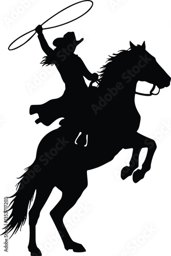 A cowgirl on horseback, skillfully tossing a lasso, with a rearing stallion and a woman cowboy depicted in a striking black vector silhouette.