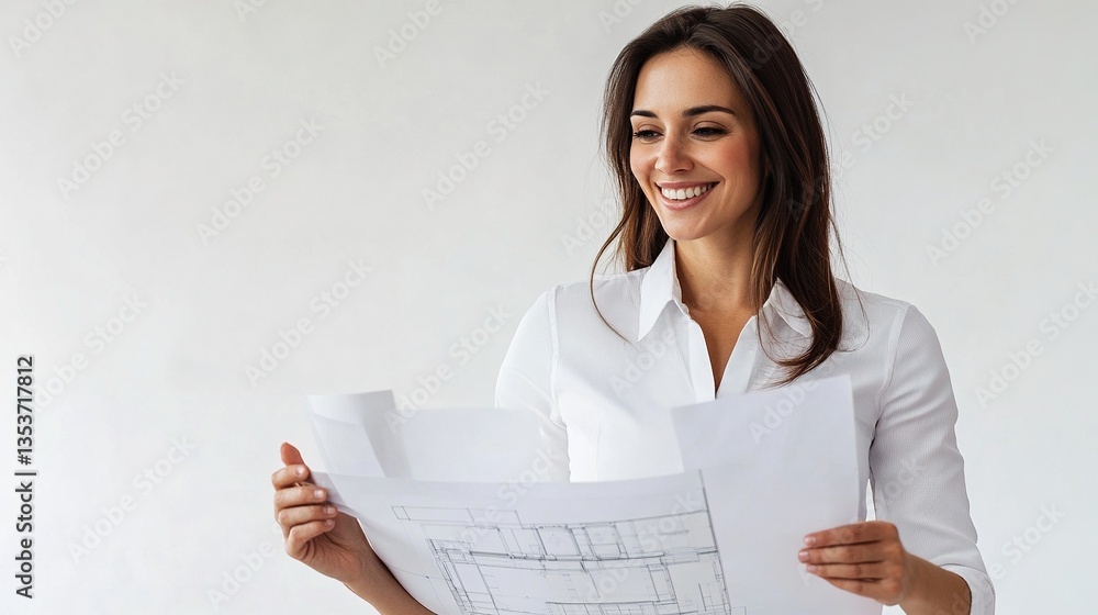 Smiling Female Architect Presenting Building Plans with Confidence Smiling Female Architect Presenting Building Plans with Confidence