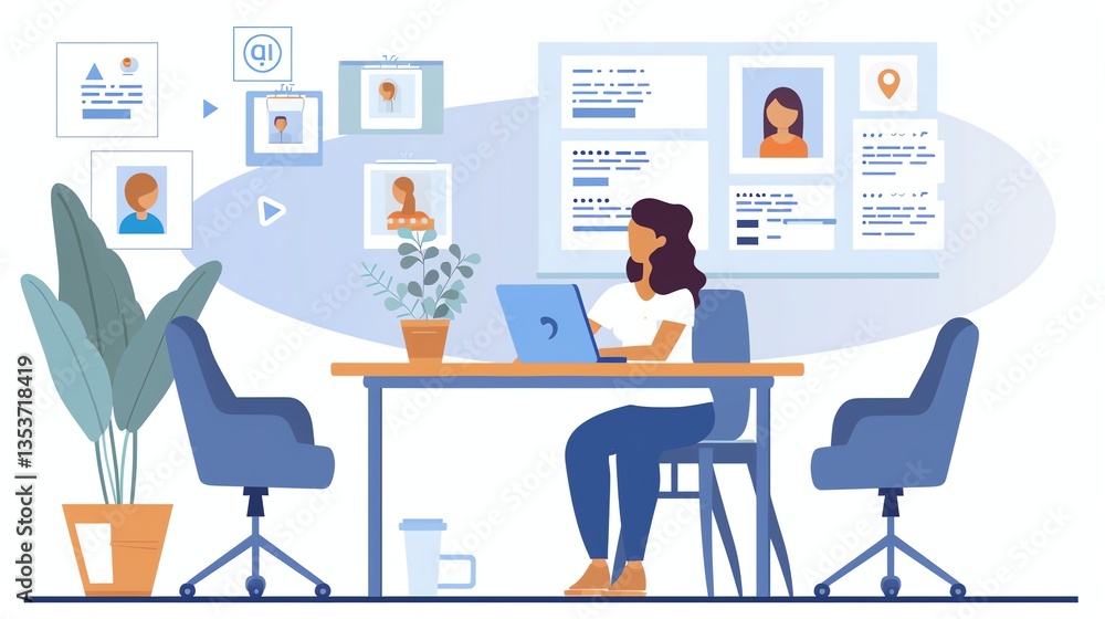 Woman Working on Laptop in Modern Office with Data Visualization Woman Working on Laptop in Modern Office with Data Visualization