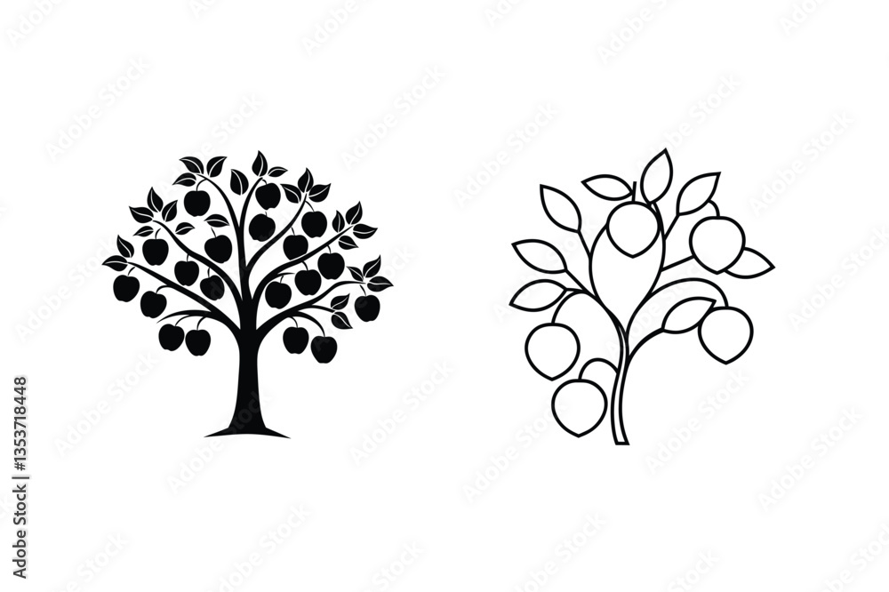 Obraz premium Simple Black and White Fruit Tree and Branch Illustrations