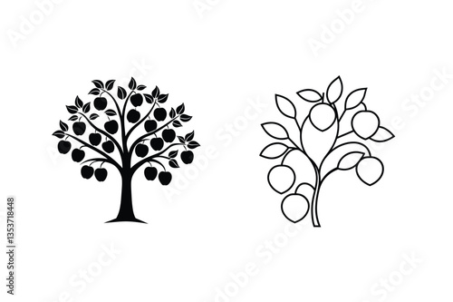 Simple Black and White Fruit Tree and Branch Illustrations