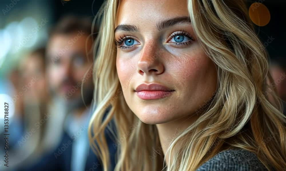 Close-up portrait of a woman with striking blue eyes at a conference table with blurred colleagues Close-up portrait of a woman with striking blue eyes at a conference table with blurred colleagues